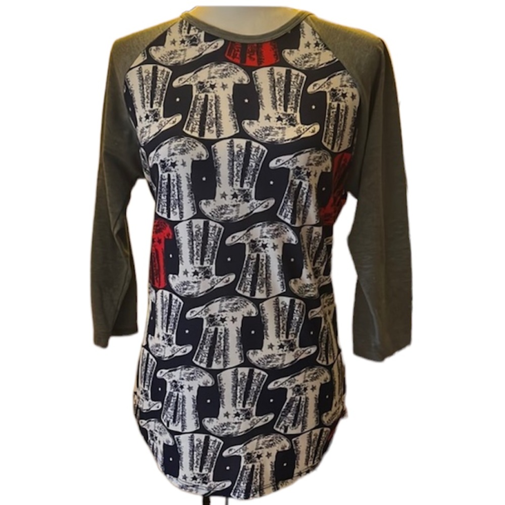 LULAROE RANDY UNCLE SAM EDITION RAGLAN BASEBALL STYLE WOMEN’S TOP SIZE: MEDIUM